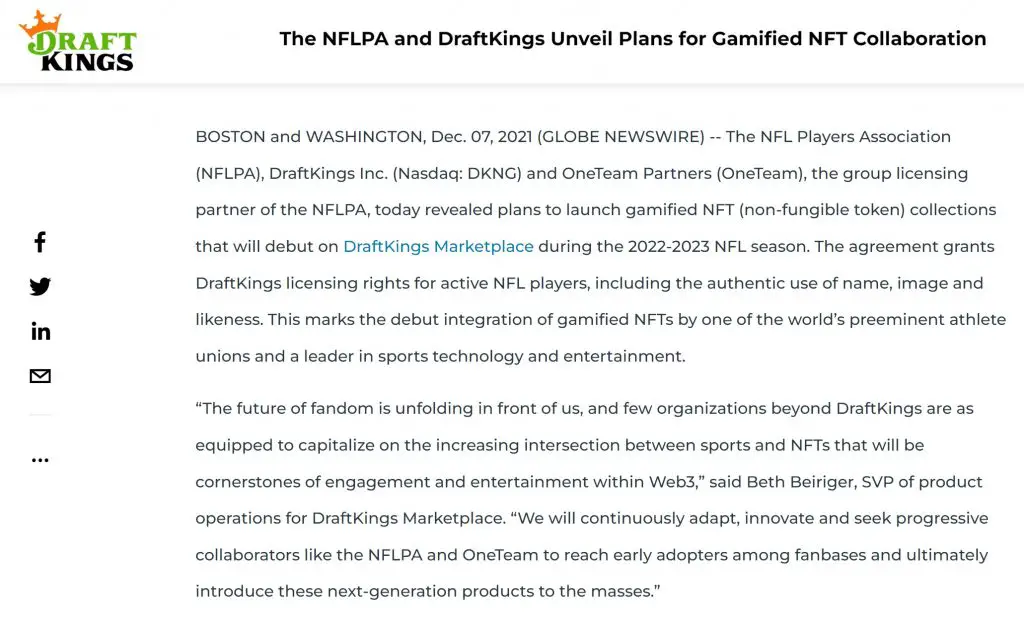 Draft Kings NFT Press Release