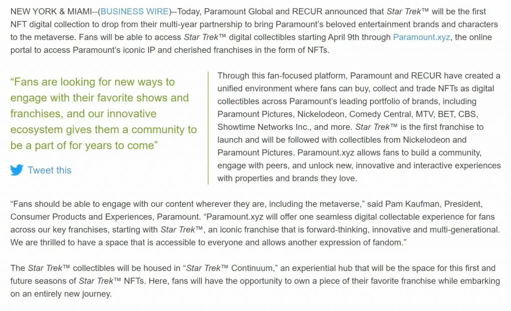 Paramount Plus Star Trek NFT Press